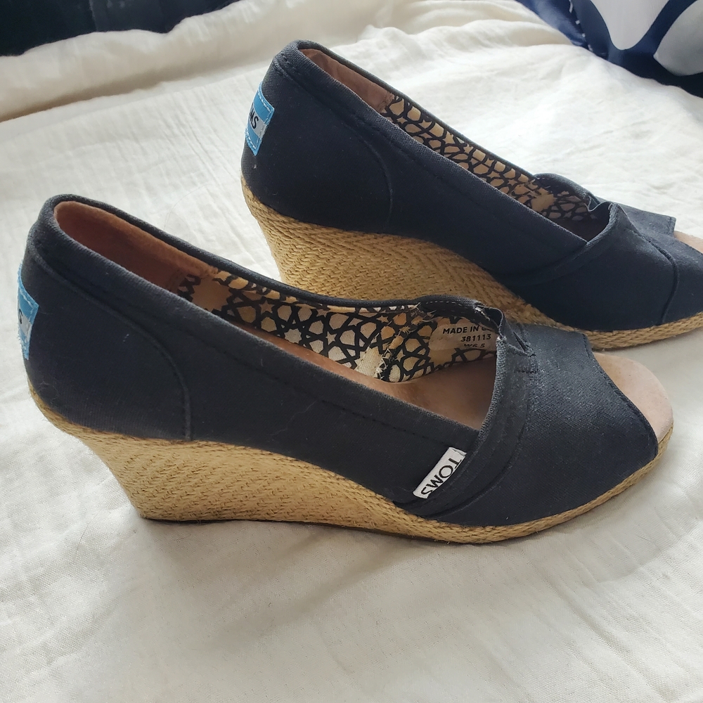 Toms Black Canvas Espadrille Wedge Peep Toe